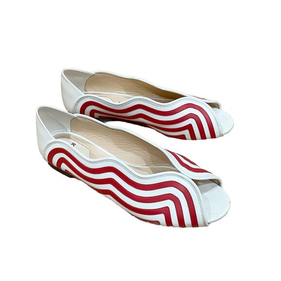 Fendi Peep Toe Summer Flats Womens Size 7.5 Red Leather Wave READ DESCRIPTION - Picture 1 of 15